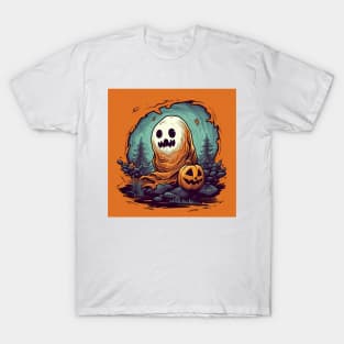 halloween design for kids, orange background, scary ghost with pumpkin T-Shirt